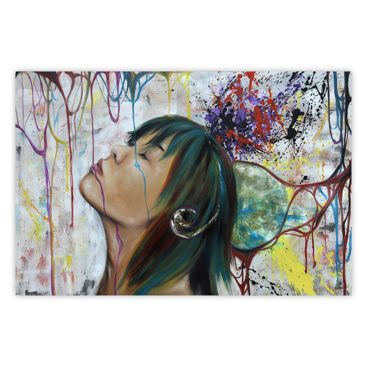 Poster Hidden Dreams - woman on an abstract background with colorful lines 127036
