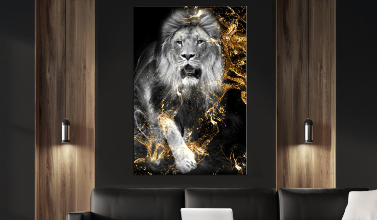 Canvas King in Gold (1-part) vertical - fantastical lion on a dark background 129536 additionalImage 3