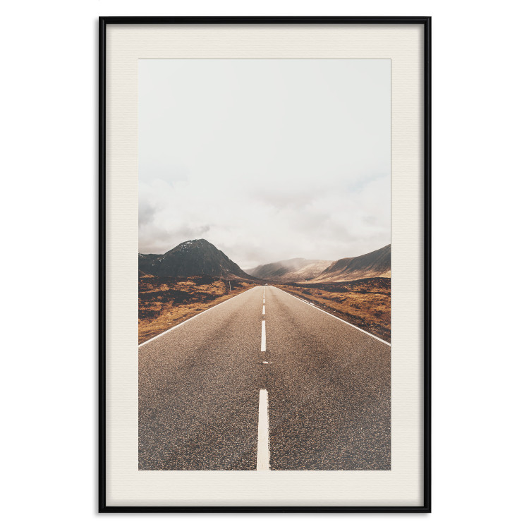 Poster Ahead - landscape of a road amidst yellow and black fields and mountains 130236 additionalImage 27