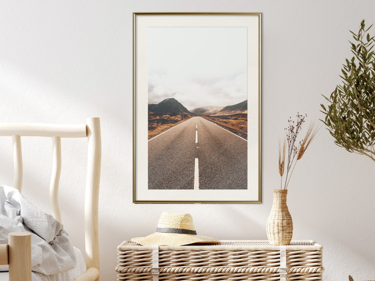 Poster Ahead - landscape of a road amidst yellow and black fields and mountains 130236 additionalImage 24
