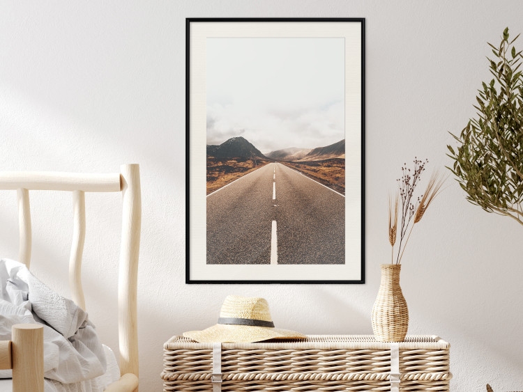 Poster Ahead - landscape of a road amidst yellow and black fields and mountains 130236 additionalImage 23