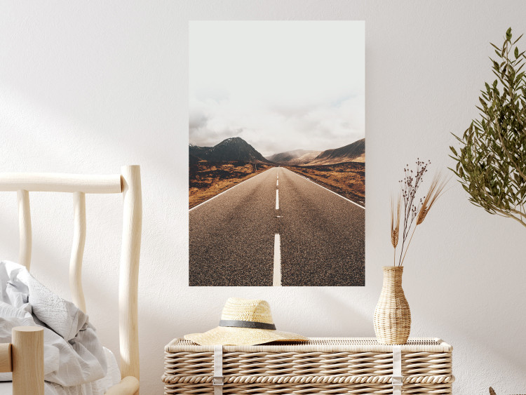 Poster Ahead - landscape of a road amidst yellow and black fields and mountains 130236 additionalImage 2