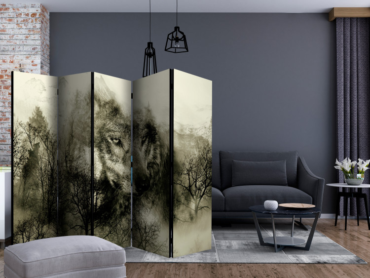 Room Divider Predator from the mountains (beige) II (5-piece) - abstraction with a wolf 132636 additionalImage 4