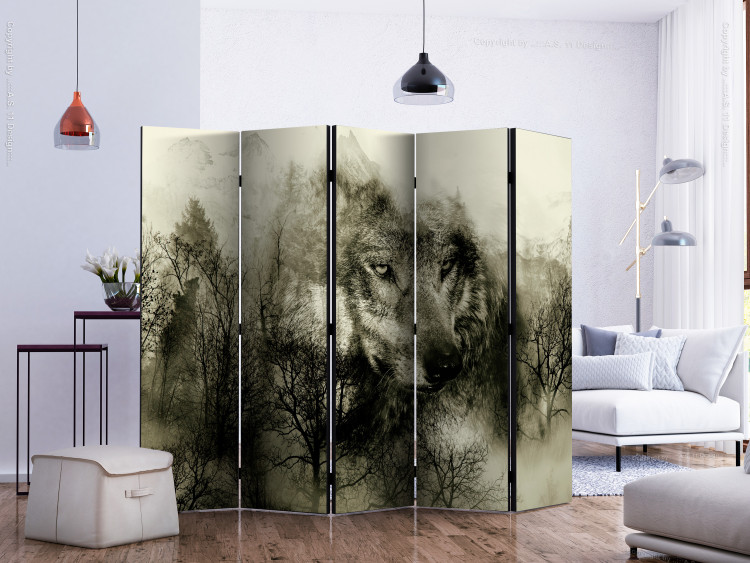Room Divider Predator from the mountains (beige) II (5-piece) - abstraction with a wolf 132636 additionalImage 2