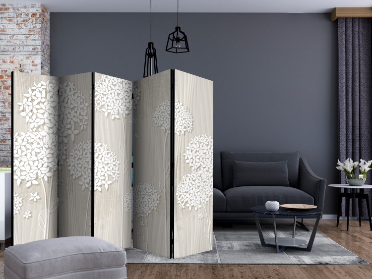 Folding Screen Creamy Filigree II (5-piece) - beige background and white flowers 133136 additionalImage 4