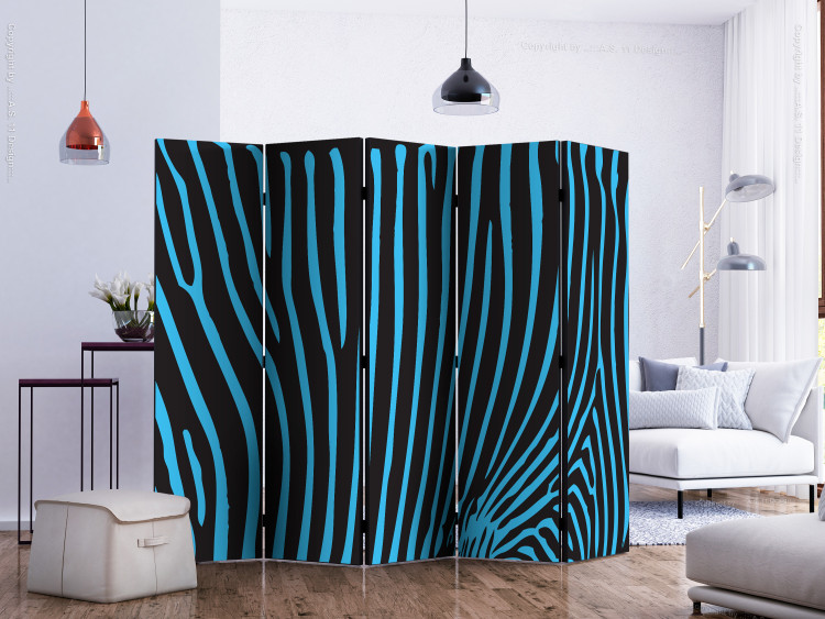 Room Divider Zebra Pattern (Turquoise) II (5-piece) - blue stripes on black 133436 additionalImage 2