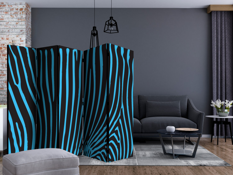 Room Divider Zebra Pattern (Turquoise) II (5-piece) - blue stripes on black 133436 additionalImage 4