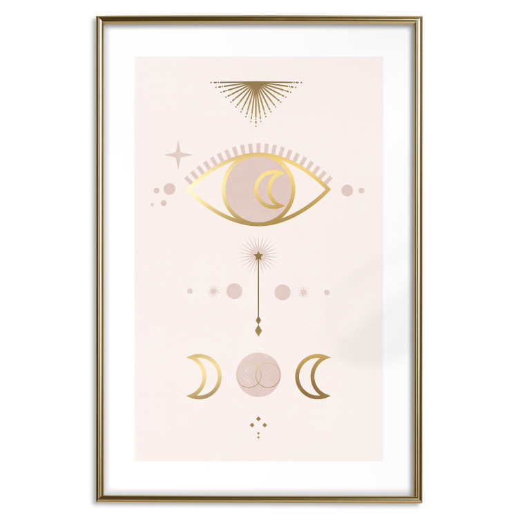 Wall Poster Magical Evening - golden abstraction with moons and an eye on a light background 136536 additionalImage 19