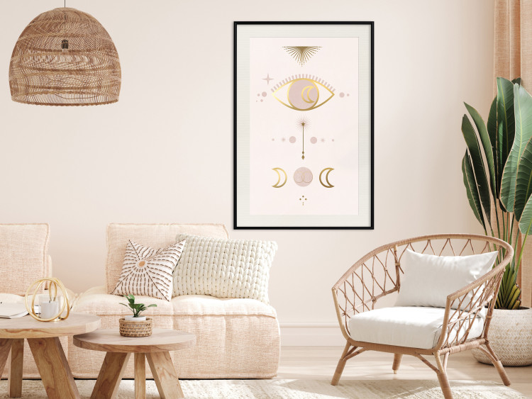 Wall Poster Magical Evening - golden abstraction with moons and an eye on a light background 136536 additionalImage 13