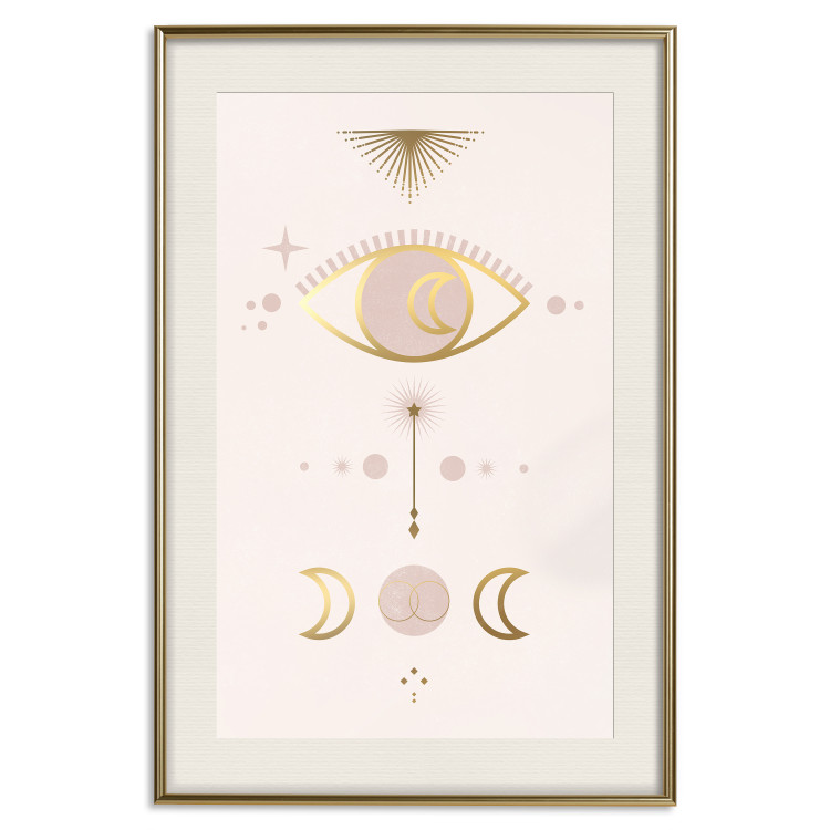 Wall Poster Magical Evening - golden abstraction with moons and an eye on a light background 136536 additionalImage 25