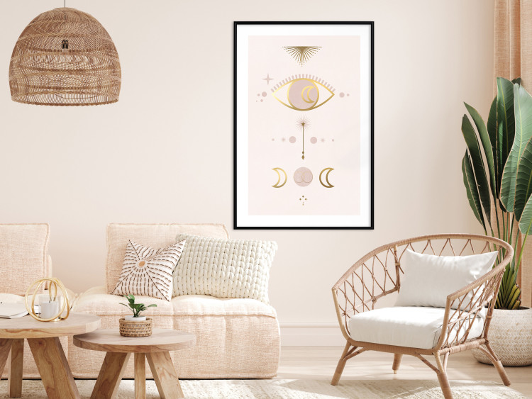 Wall Poster Magical Evening - golden abstraction with moons and an eye on a light background 136536 additionalImage 17