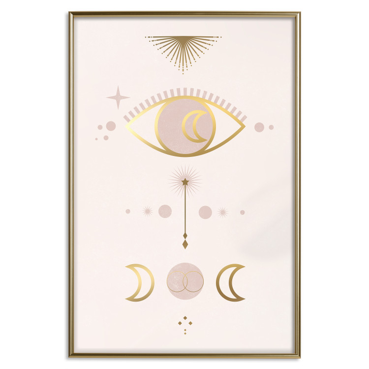 Wall Poster Magical Evening - golden abstraction with moons and an eye on a light background 136536 additionalImage 16
