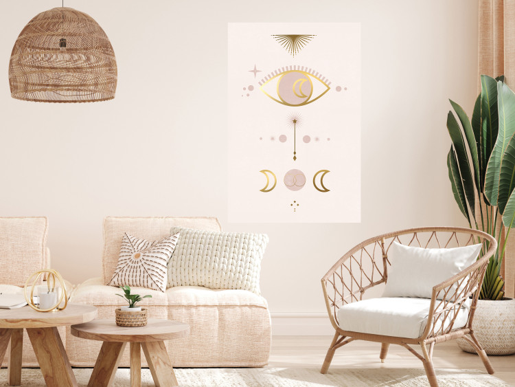 Wall Poster Magical Evening - golden abstraction with moons and an eye on a light background 136536 additionalImage 21