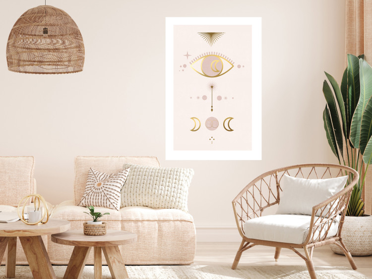 Wall Poster Magical Evening - golden abstraction with moons and an eye on a light background 136536 additionalImage 15