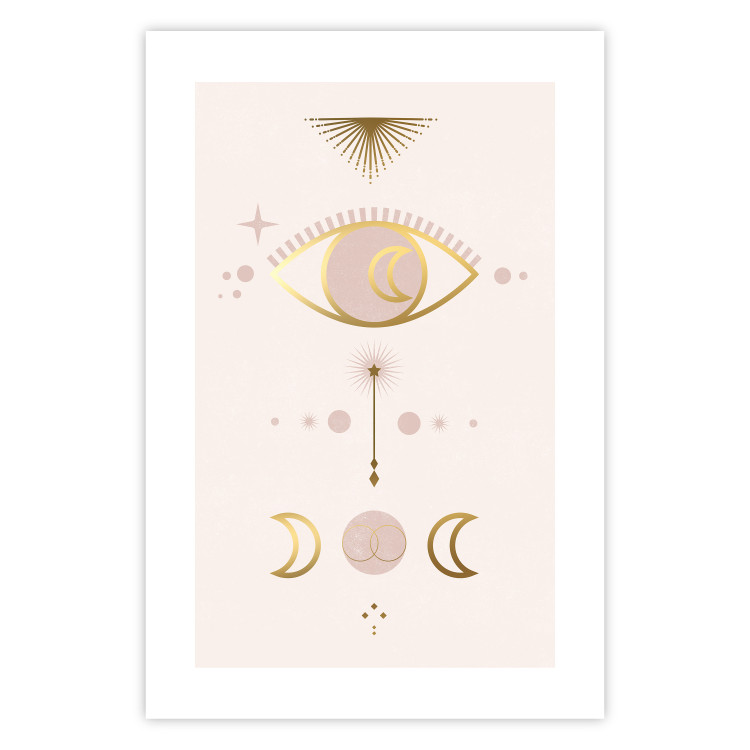 Wall Poster Magical Evening - golden abstraction with moons and an eye on a light background 136536 additionalImage 14