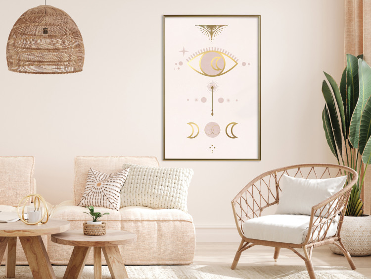 Wall Poster Magical Evening - golden abstraction with moons and an eye on a light background 136536 additionalImage 18