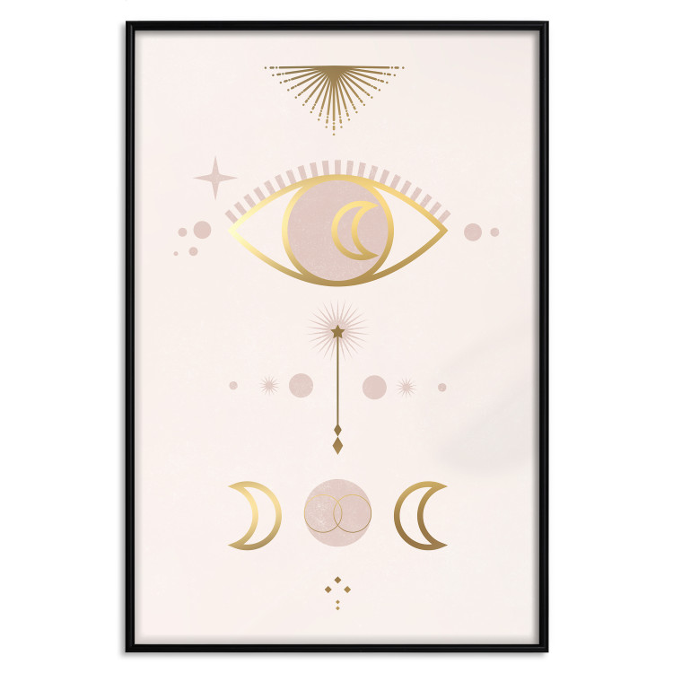 Wall Poster Magical Evening - golden abstraction with moons and an eye on a light background 136536 additionalImage 11