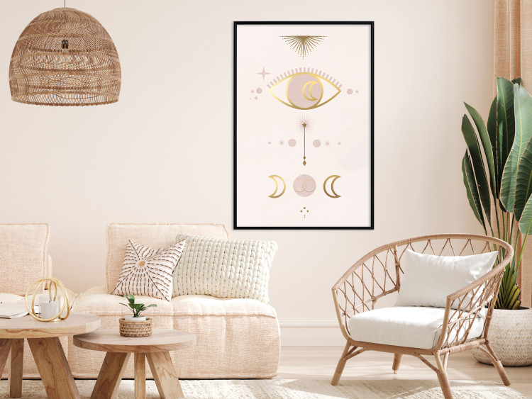 Wall Poster Magical Evening - golden abstraction with moons and an eye on a light background 136536 additionalImage 19