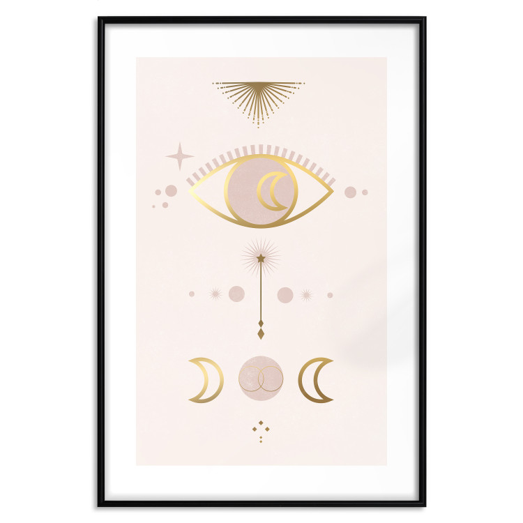 Wall Poster Magical Evening - golden abstraction with moons and an eye on a light background 136536 additionalImage 27