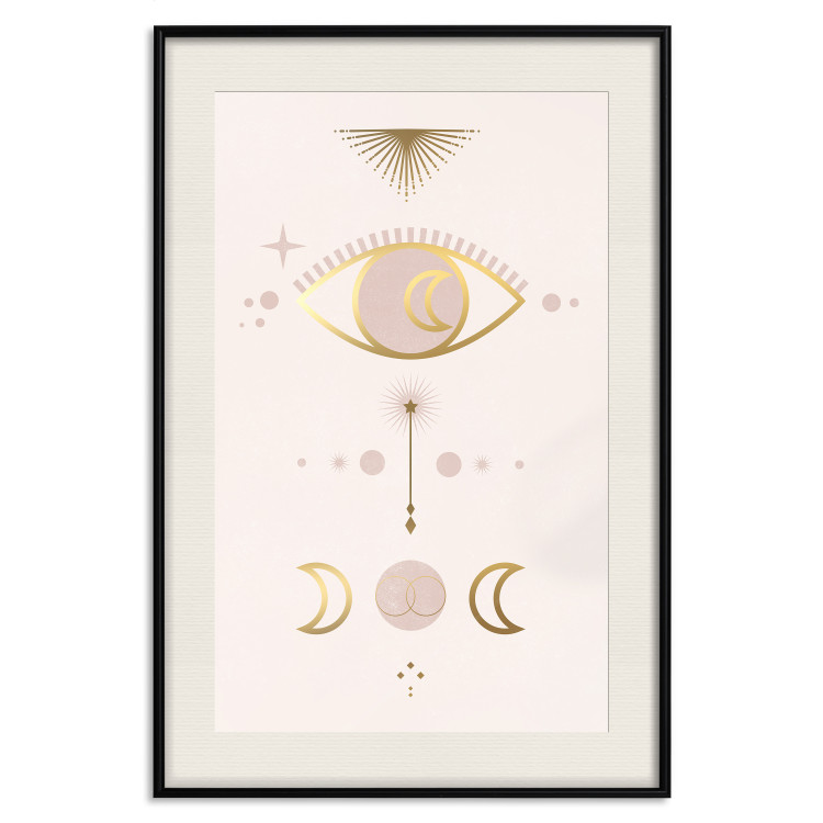 Wall Poster Magical Evening - golden abstraction with moons and an eye on a light background 136536 additionalImage 24