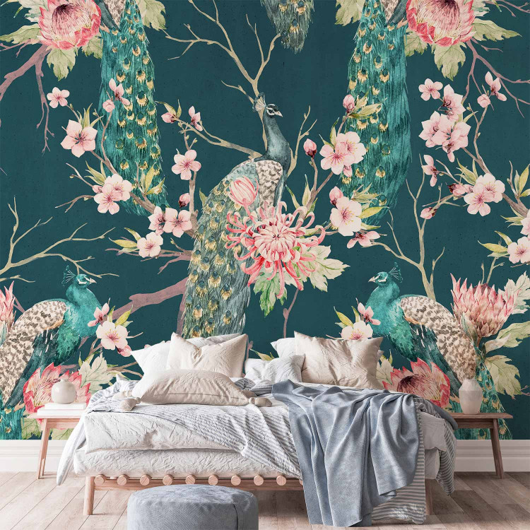 Wall Mural Noble peacocks - bird motif on branches with floral patterns 142436 additionalImage 2