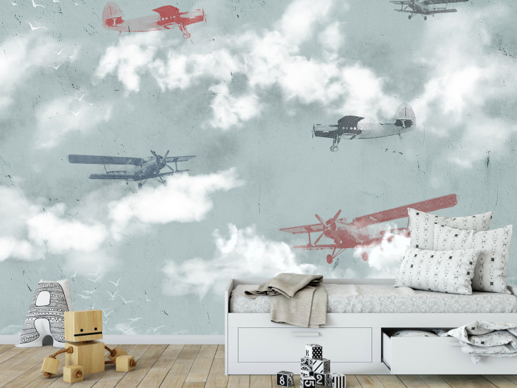 Photo Wallpaper Dream of a little pilot - planes in the sky with clouds and birds for children 143036