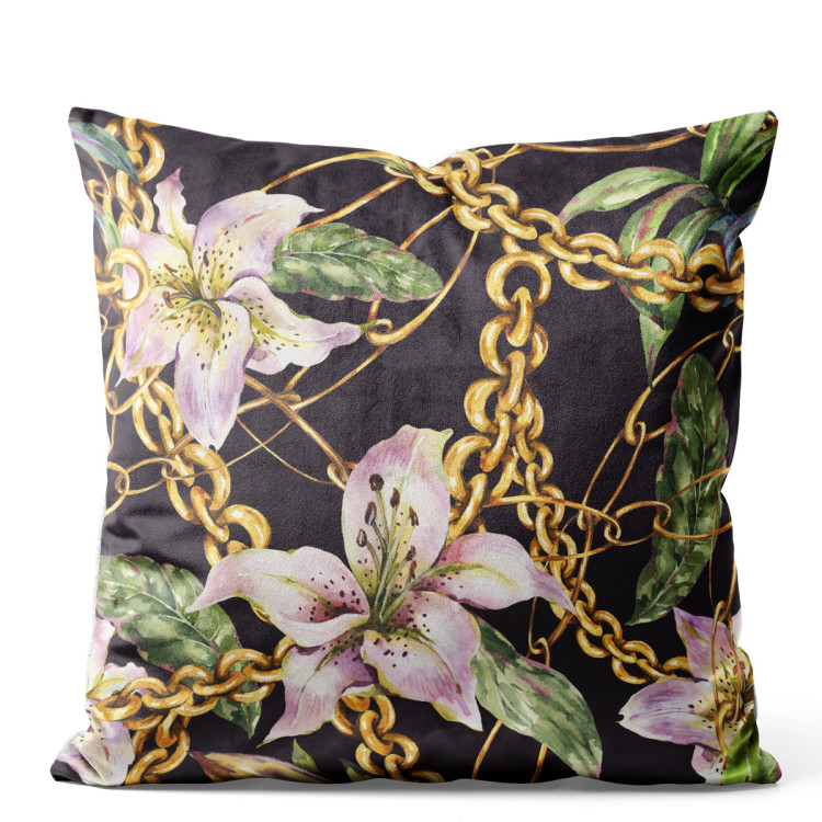 Decorative Velor Pillow Tethered lilies - plant composition with gold chains 147136