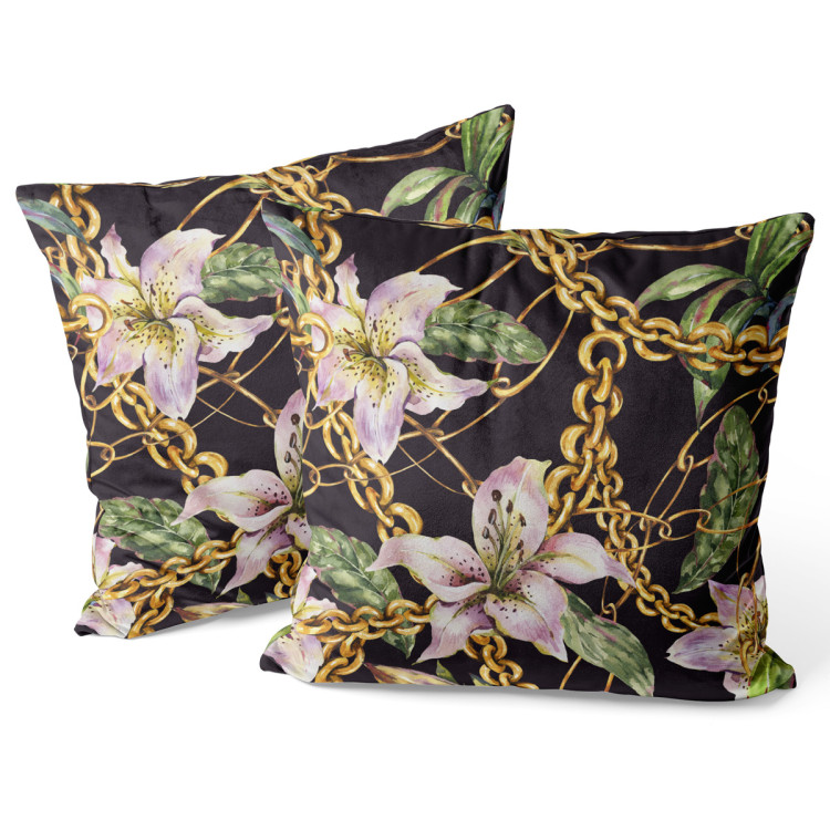 Decorative Velor Pillow Tethered lilies - plant composition with gold chains 147136 additionalImage 3