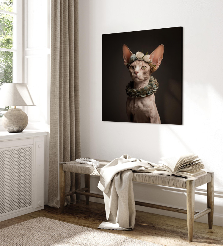 Canvas Print AI Sphinx Cat - Animal Portrait With Long Ears and Plant Jewelry - Square 150136 additionalImage 10