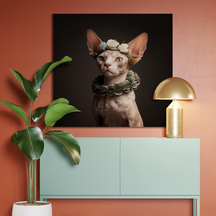 Canvas Print AI Sphinx Cat - Animal Portrait With Long Ears and Plant Jewelry - Square 150136 additionalImage 5