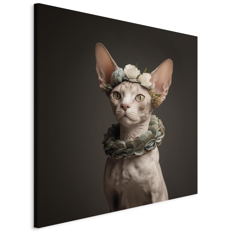 Canvas Print AI Sphinx Cat - Animal Portrait With Long Ears and Plant Jewelry - Square 150136 additionalImage 2