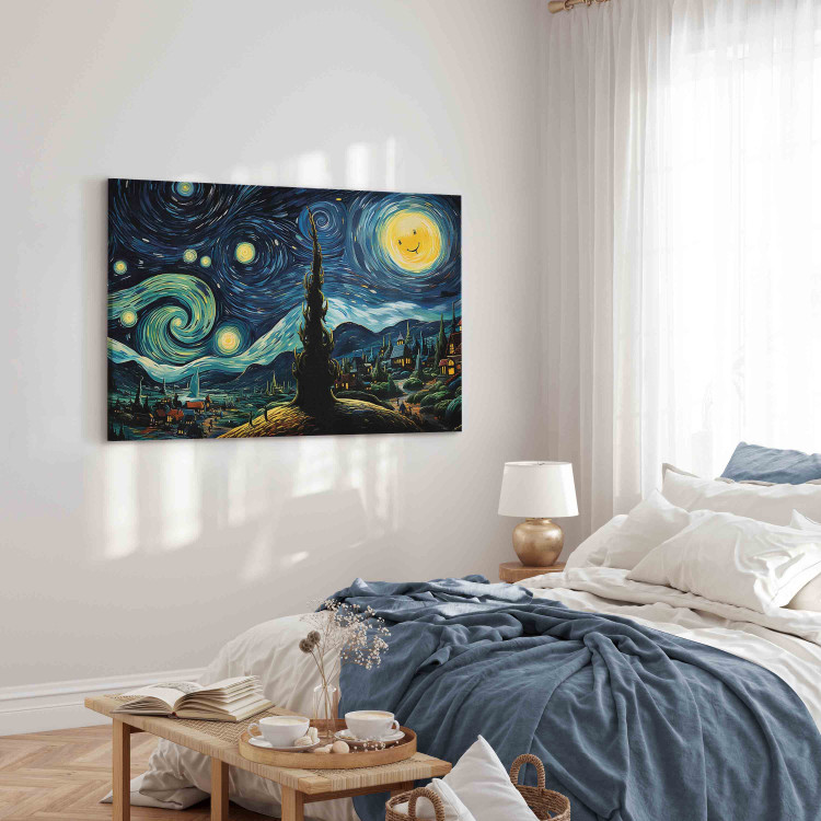 Canvas Art Print Starry Night - A Landscape in the Style of Van Gogh With a Smiling Moon 151036 additionalImage 10