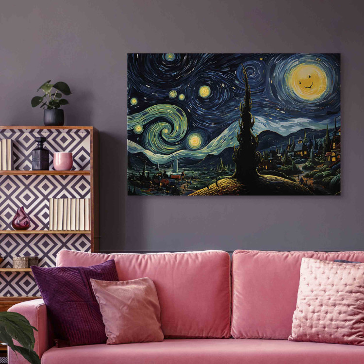 Canvas Art Print Starry Night - A Landscape in the Style of Van Gogh With a Smiling Moon 151036 additionalImage 3