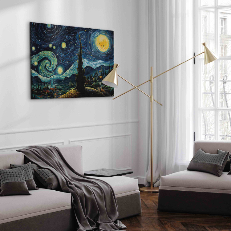 Canvas Art Print Starry Night - A Landscape in the Style of Van Gogh With a Smiling Moon 151036 additionalImage 11
