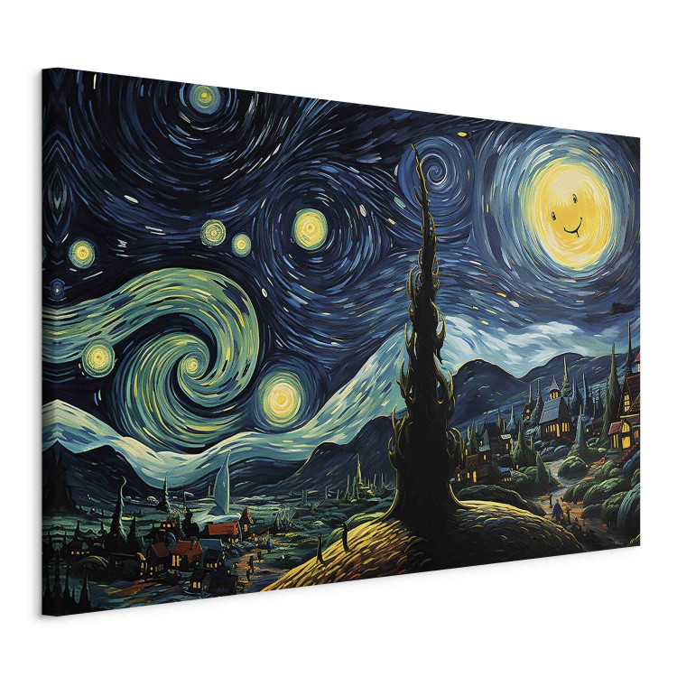 Canvas Art Print Starry Night - A Landscape in the Style of Van Gogh With a Smiling Moon 151036 additionalImage 2