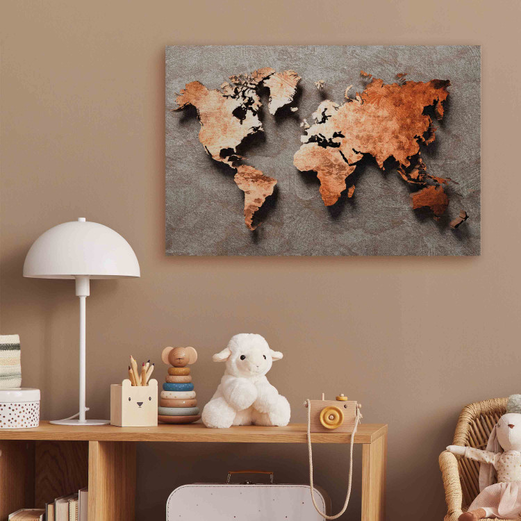 Canvas Art Print Copper Map of the World - Orange Outline of Countries on a Gray Background 151236 additionalImage 11