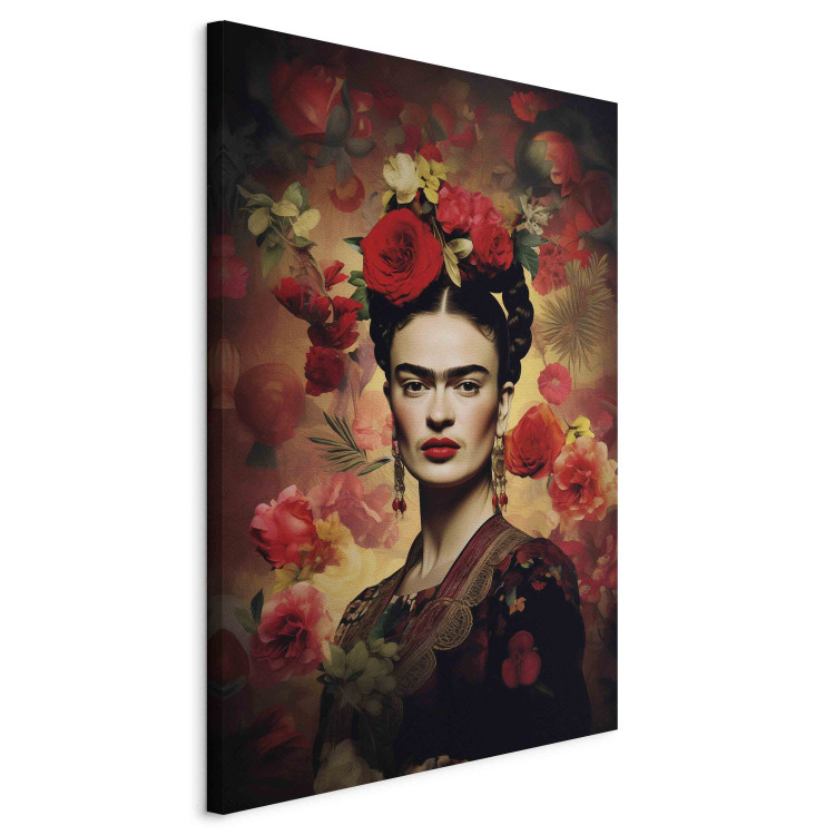 Large canvas print Frida Kahlo - Portrait With Roses and Leaves on a Dark Brown Background [Large Format] 152236 additionalImage 2