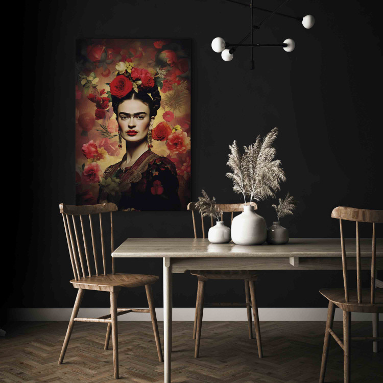 Large canvas print Frida Kahlo - Portrait With Roses and Leaves on a Dark Brown Background [Large Format] 152236 additionalImage 5