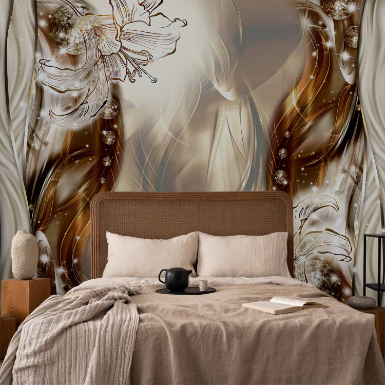 Wall Mural Glossy abstraction - graphic lily flowers among browns and beiges 64136 additionalImage 2