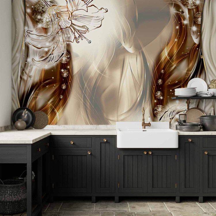 Wall Mural Glossy abstraction - graphic lily flowers among browns and beiges 64136 additionalImage 6