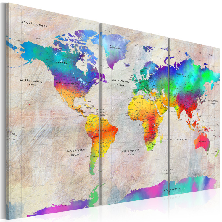 Canvas Art Print Continents in Color Palette (3-part) - Rainbow-Colored World Map 96136 additionalImage 2