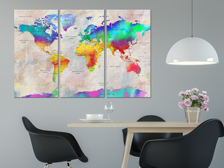 Canvas Art Print Continents in Color Palette (3-part) - Rainbow-Colored World Map 96136 additionalImage 3