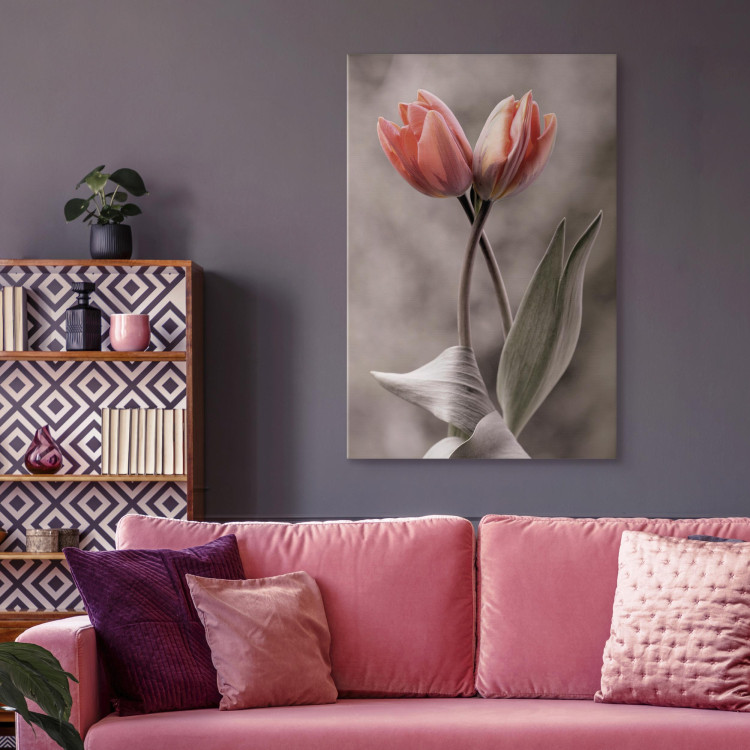 Canvas Spring Dance - Romantic Pink Tulip Flowers on Gray Background 98136 additionalImage 9