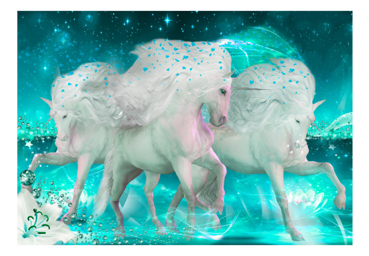 Wall Mural White unicorns - magic motif in turquoise shades with sparkle 107246 additionalImage 1