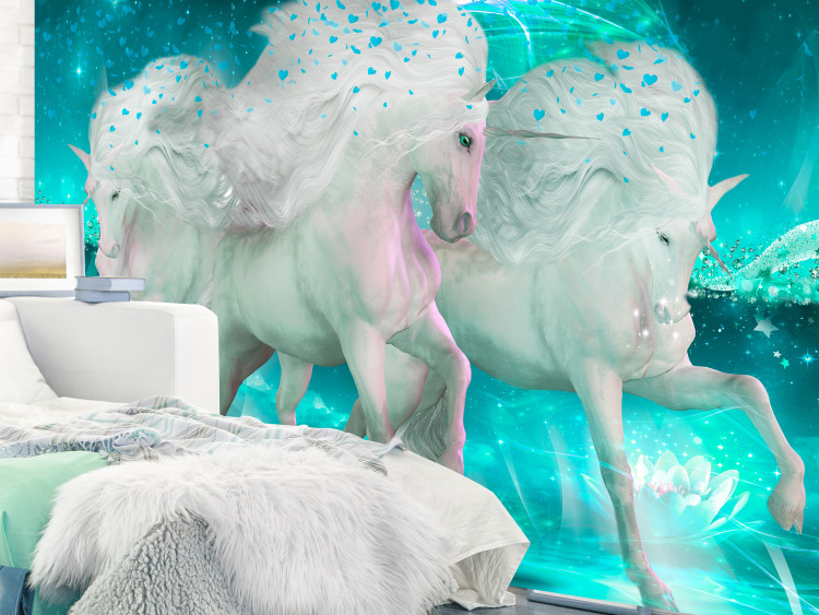 Wall Mural White unicorns - magic motif in turquoise shades with sparkle 107246