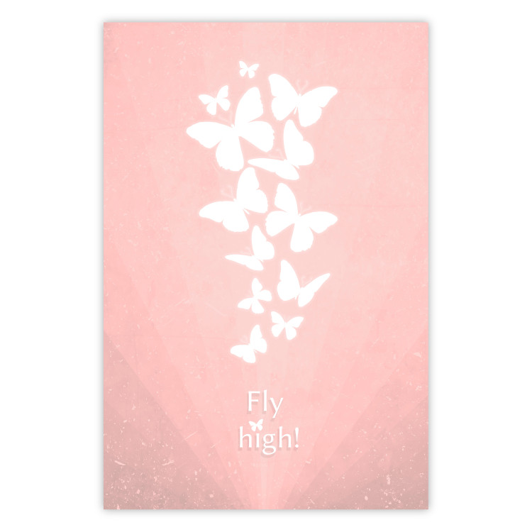 Poster Fly High! - English texts with white butterflies on a pink background 122946