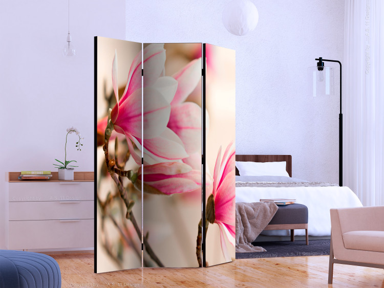 Room Divider Branch of Magnolia Tree (3-piece) - picturesque flowers and light background 132746 additionalImage 2