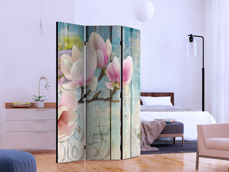 Folding Screen Pink Flowers on Wood (3-piece) - watercolor collage and boards 132846 additionalImage 2
