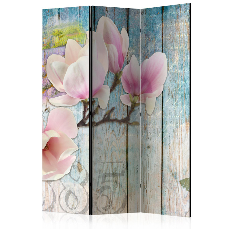 Folding Screen Pink Flowers on Wood (3-piece) - watercolor collage and boards 132846