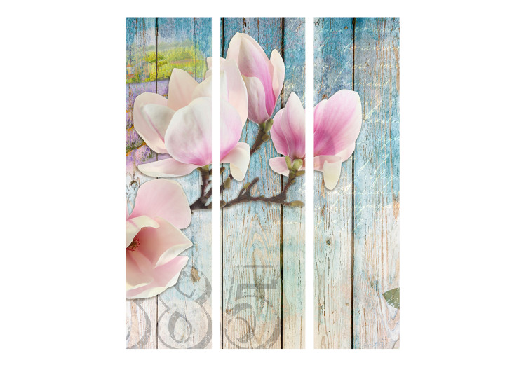 Folding Screen Pink Flowers on Wood (3-piece) - watercolor collage and boards 132846 additionalImage 3